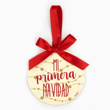 BOLA NAVIDAD MADERA GUIRNALDAS "MI PRIMERA NAVIDAD"