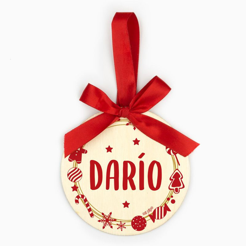 BOLA NAVIDAD MADERA CORONA PERSONALIZADA CON NOMBRE